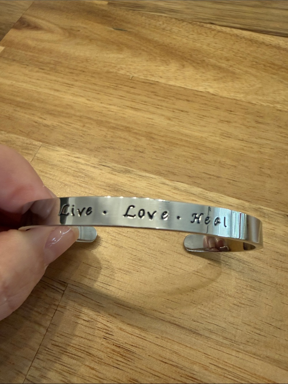 Live • Love • Heal Engraved Silver Tone Cuff Bracelet (RN)